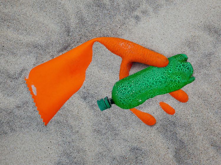 Plastikhandschuh und -flasche am Strand: Wasser aus Flaschen enthält im Allgemeinen mehr Mikroplastik als Leitungswasser.