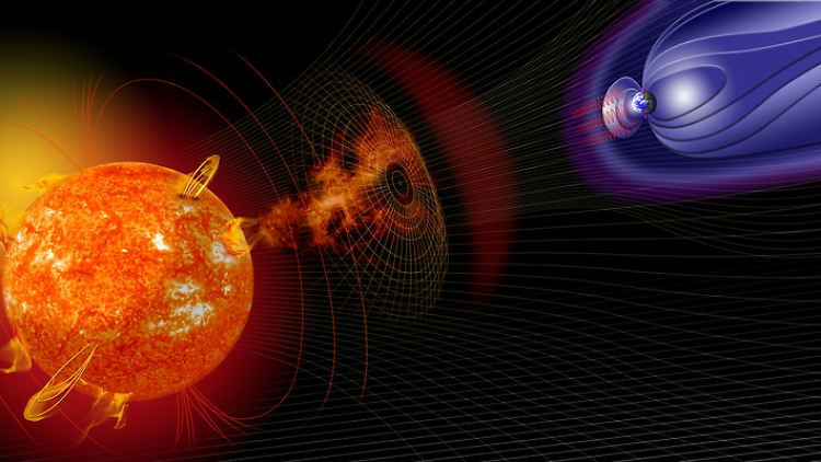 Computergrafik: Ereignisse an der Sonne können die Bedingungen im erdnahen Raum und auf der Erde verändern.
