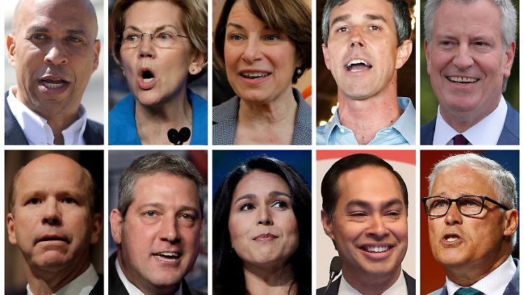 Sie treten heute Abend an: Senator Cory Booker, Senatorin Elizabeth Warren, Senatorin Amy Klobuchar, der ehemalige Abgeordnete Beto O'Rourke, New Yorks Bürgermeister Bill de Blasio (obere Reihe, v.l.), der ehemalige Abgeordnete John Delaney, die Abgeordneten Tim Ryan und Tulsi Gabbard, der frühere Wohnungsbauminister Julian Castro sowie der Gouverneur des Staates Washington, Jay Inslee (untere Reihe, v.l.).