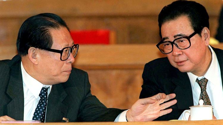 Präsident Jiang Zemin und Premier Li Peng bei einer Tagung 1987.