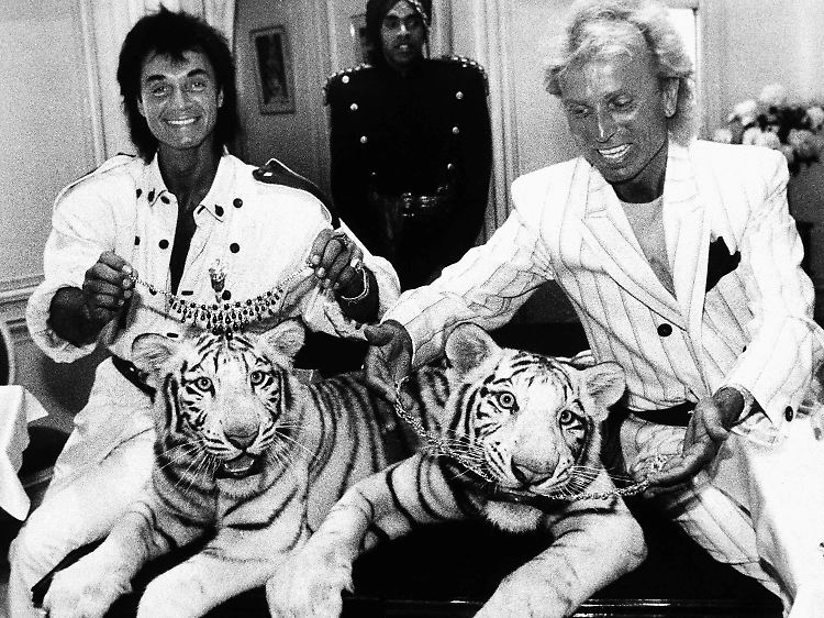 Siegfried und Roy, beziehungsweise hier Roy (l.) und Siegfried (r.), mit weißen Tigern im Jahr 1987.