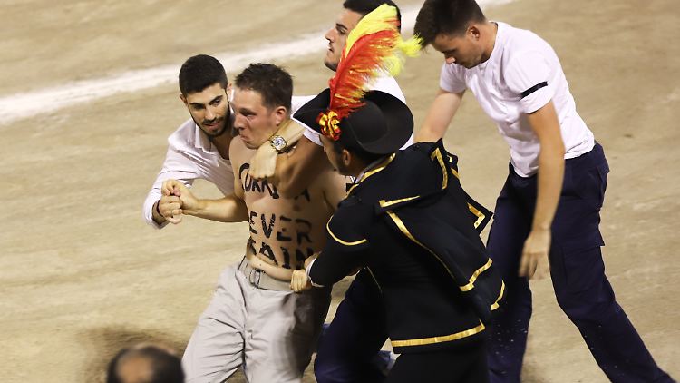 Ordnungskräfte zerrten einen Flitzer aus der Arena. Auch seiner Brust zu lesen war die Forderung "Corridas never again".