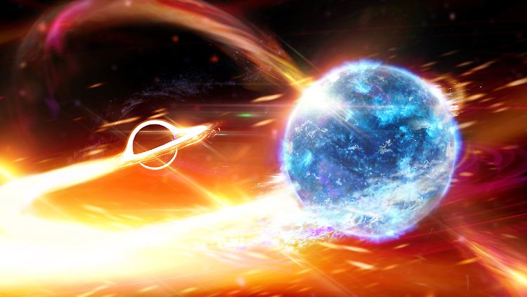 So oder so ähnlich sieht es aus, wenn sich ein Schwarzes Loch einen Neutronenstern vornimmt.