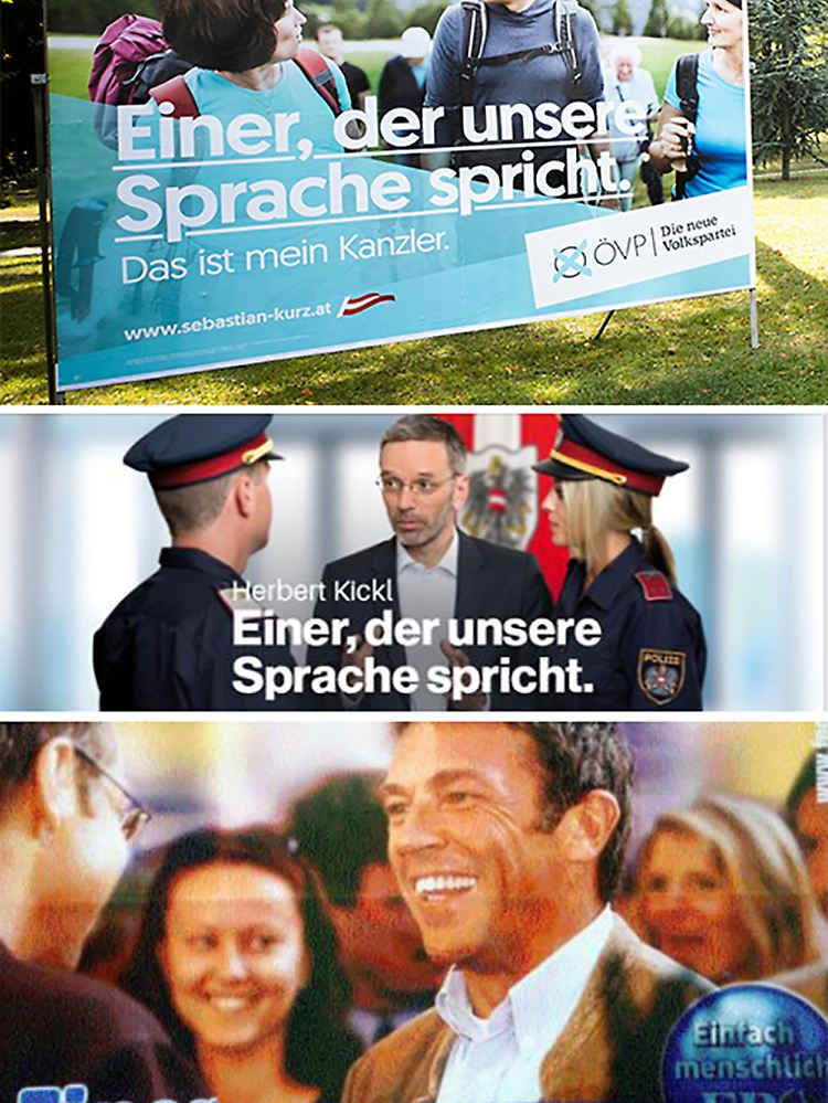 Kurz und Kickl machen Wahlkampf. Lachender Dritter ist der frühere FPÖ-Chef Haider.