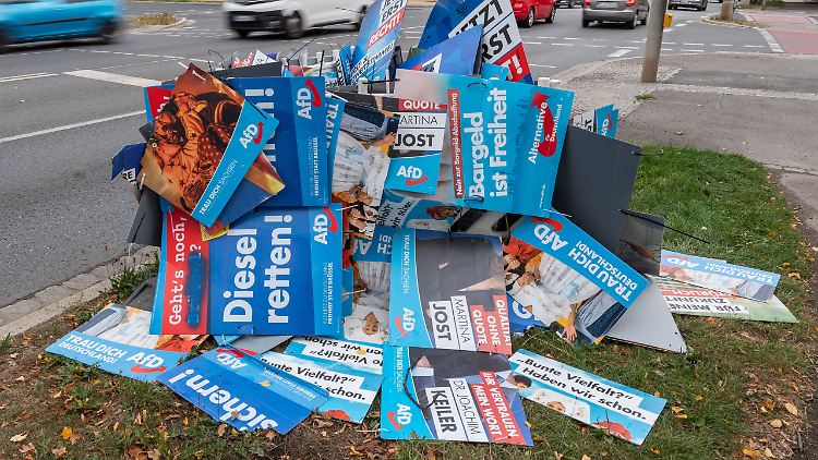 Wahlplakate der AfD liegen im September 2019 nach der Landtagswahl in Sachsen auf einem Haufen am Straßenrand. 
