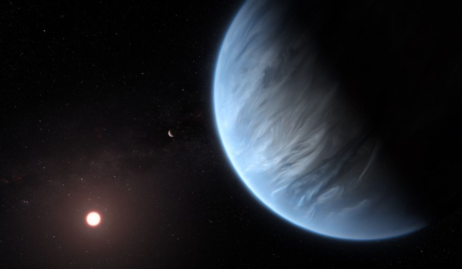 Erstmals haben Astronomen Wasser auf einem Exoplaneten nachgewiesen, der innerhalb der bewohnbaren Zone um seinen Heimatstern kreist. Dies ist ein Bereich, in dem die Wärme des Zentralgestirns die Existenz von flüssigem Wasser auf dem Planeten erlaubt - was eine Bedingung ist für Leben, wie wir es kennen. Leben gibt es auf K2-18b ...