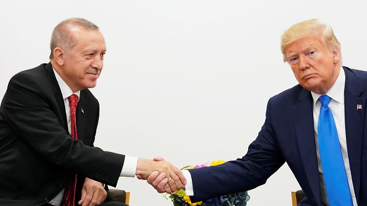 Die beiden Staatschefs Erdogan und Trump reichen sich beim G20-Gipfel im japanischen Osaka die Hand.