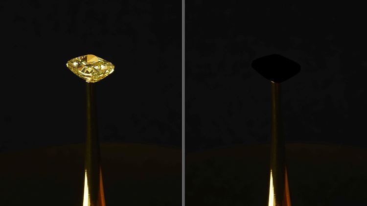 Ein Diamant (l.) wurde mit dem ultraschwarzen Material überzogen (r.) - zu sehen ist von ihm nicht mehr viel.