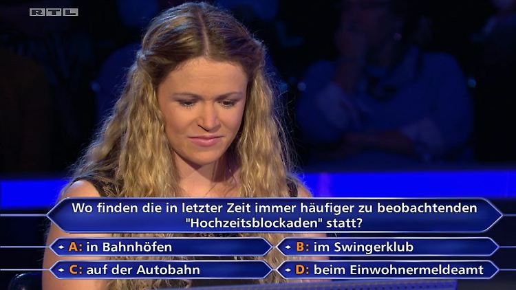 Hat bei der Frage nach "Hochzeitsblockaden" eine - Blockade: Kandidatin Chantal Weindorf.