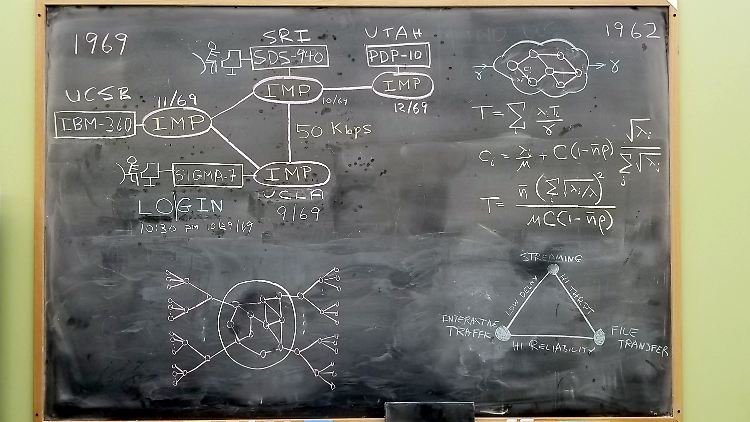 Tafel in der Boelter Hall der UCLA mit Faksimiles einiger der Gleichungen und Schaltpläne, die 1969 zum Arpanet, dem ersten Netz im Internet, führten.