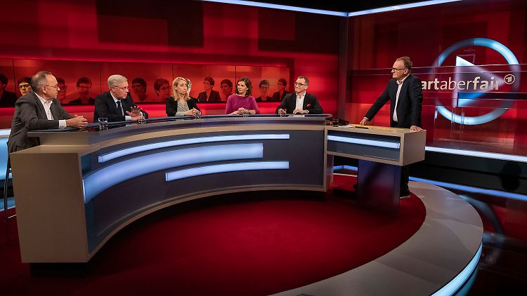 Plasbergs Gäste, von links nach rechts: Norbert Walter-Borjans, Norbert Röttgen, Melanie Amann, Katrin Göring-Eckardt und Andreas Rödder.
