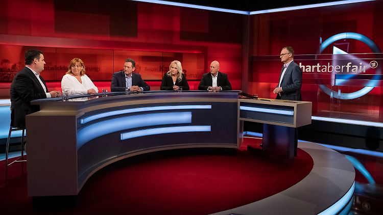 Plasbergs Gäste: Hubertus Heil, Tanja Stolze, Eckart von Hirschhausen, Doris Unzeitig, Thomas Kemmerich (v.l.)
