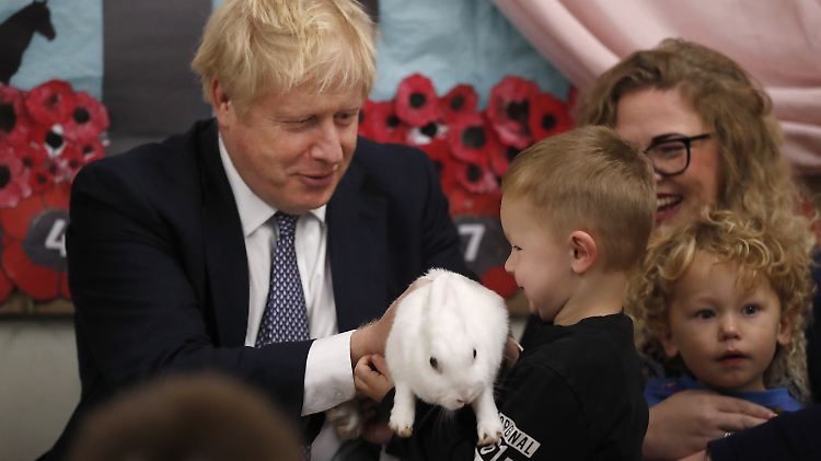 Das weiße Kaninchen fest im Griff: Johnson am Donnerstag auf Wahlkampftour in einer Grundschule. 