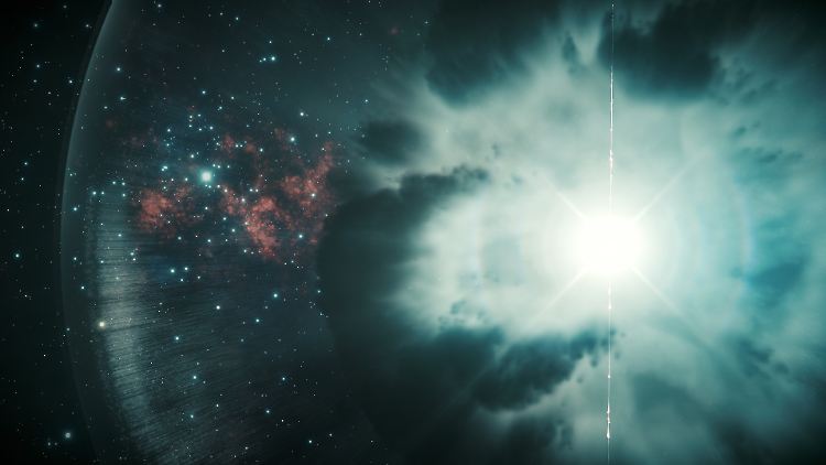 Die Computergrafik zeigt einen sterbenden Stern, der explodiert und den sogenannten Gamma-Ray Burst, einen Gammastrahlenblitz, aussendet.