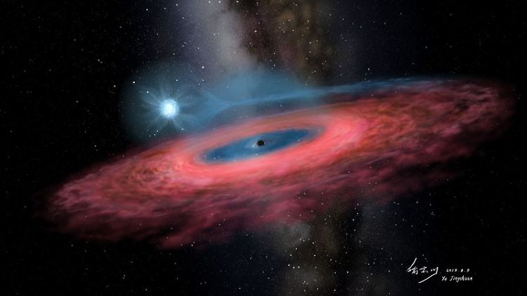 Das Schwarze Loch LB-1 hat einen Begleitstern, der achtmal so massereich ist wie unsere Sonne - hier strahlt der Stern mit blauem Licht. (Computergrafik)