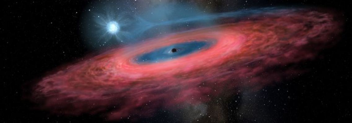 LB-1: Gasansammlung auf einem sternförmigen schwarzen Loch von seinem blauen Begleiterstern durch eine verkürzte Akkretionsscheibe.