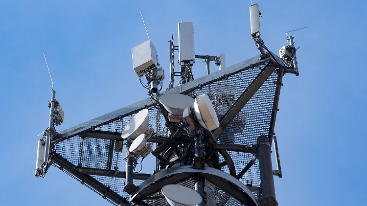 Ein Funkmast mit Modulen für die neue Mobilfunk-Generation 5G steht auf einem Feld.