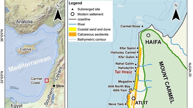 Östliches Mittelmeer und die israelische Küste: Versunkene neolithische Siedlungen vor der Karmelküste.