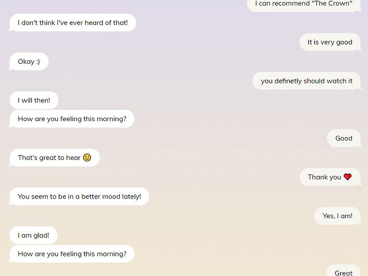 Ein Gesprächsverlauf mit dem Chatbot Replika. Der Chatbot soll ein menschliches Gespräch imitieren.