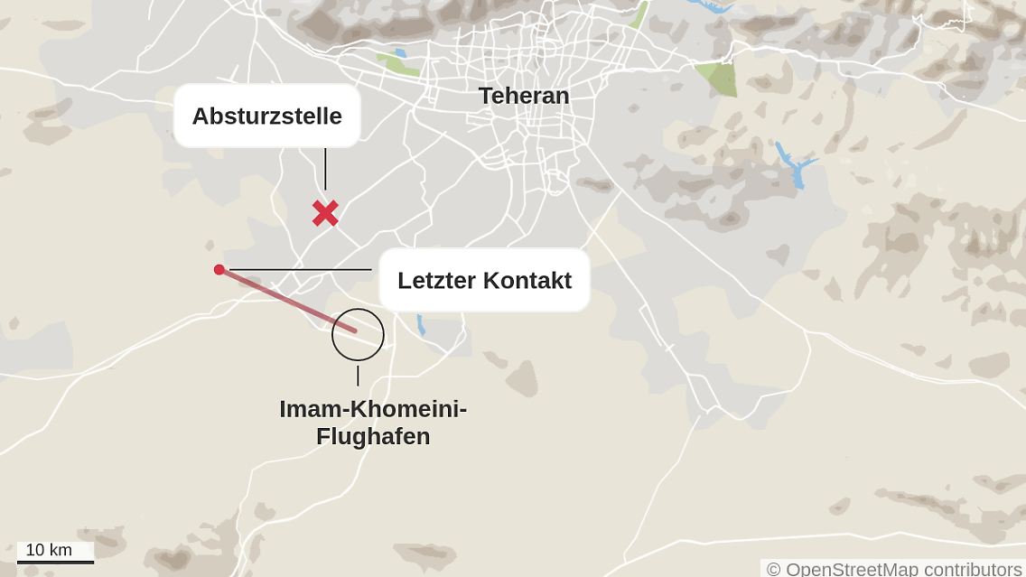 Über dem Teheraner Vorort Parand, rund 20 Kilometer nordwestlich des Startflughafens, reißt der Kontakt zur Maschine ab.