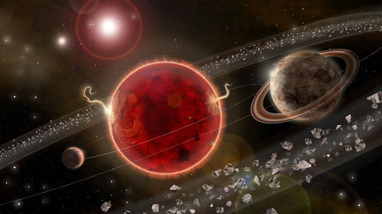 Computergrafik des Proxima-Centauri-Planetensystems. Der neu entdeckte Exoplanet Proxima c (r.) umkreist in etwa 5,2 Jahren seinen Wirtsstern. Das System umfasst auch den kleineren Proxima b (l.), entdeckt im Jahr 2016.