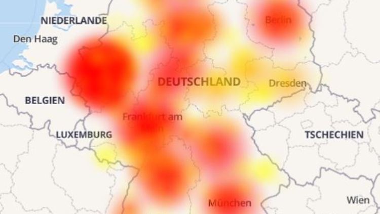 Probleme fast im ganzen Land: So sah Deutschland auf der Störungskarte für Vodafone-Kunden am Morgen aus.