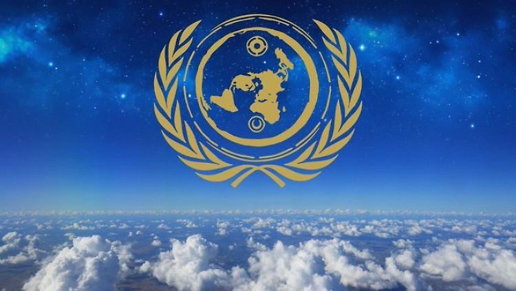 Das Wappen des "Flat Earth FC" - eine flache Erde, umgeben von einer dicken Eismauer, eingebettet in einen Lorbeerkranz.