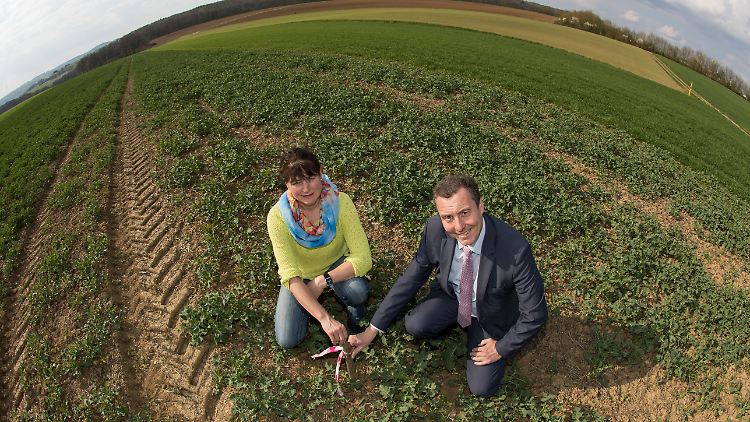 Landwirtin Keßler und Bürgermeister Götz setzten bereits 2017 die erste Markierung auf dem Acker.