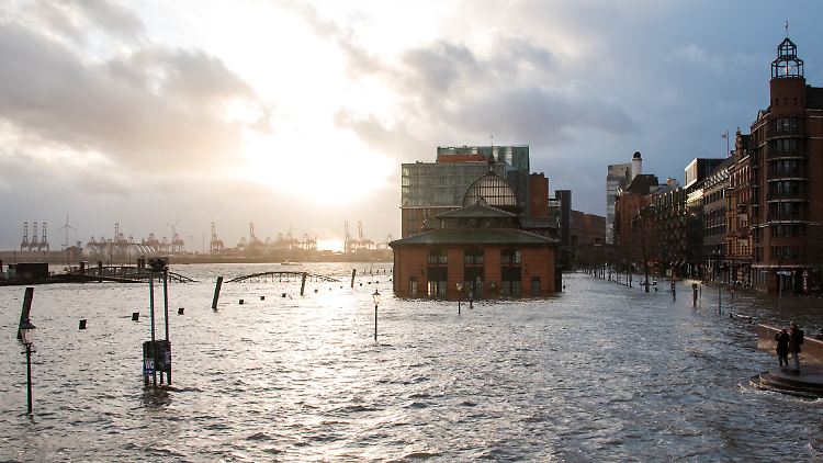 Land unter in Hamburg: In der Hansestadt steigt die Elbe über die Hafenkante.