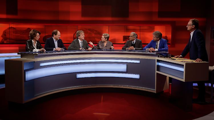 Plasbergs Gäste, von links nach rechts: Marie-Luise Wolff, Alexander Graf Lambsdorff, Michael Braungart, Janine Steeger, Mojib Latif, Boris Palmer.