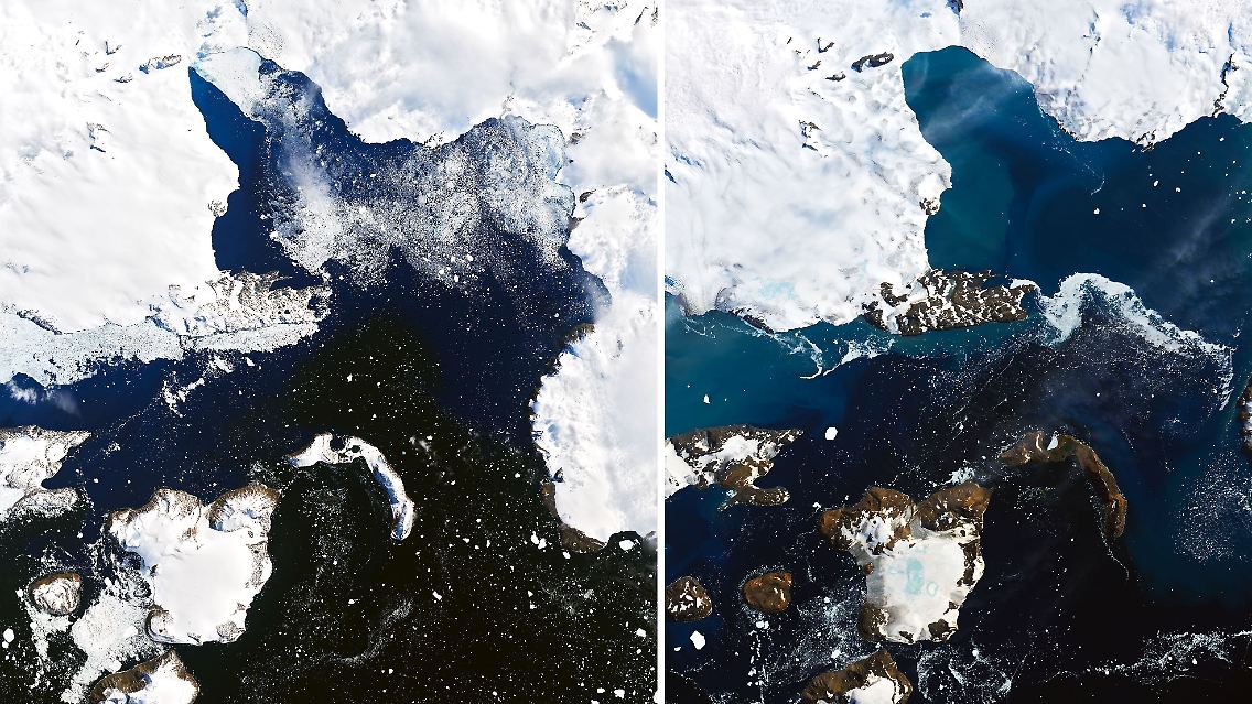 Die Kombination aus zwei Satellitenbildern zeigt das Schmelzen auf der Eiskappe der Insel Eagle Island in der Antarktis, aufgenommen am 4. Februar und 13. Februar (v.l.).