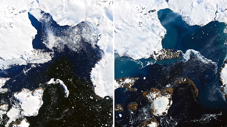 Satellitenbilder zeigen die schmelzenden Eiskappen zwischen dem 04. und dem 13. Februar 2020.