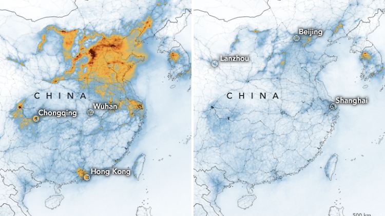Die Satellitenbilder zeigen einen deutlichen Rückgang des Ausstoßes von Stickoxiden in China.