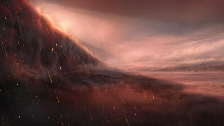 Die Darstellung zeigt, wie ein Eisenregen auf Wasp-76b aussehen könnte.