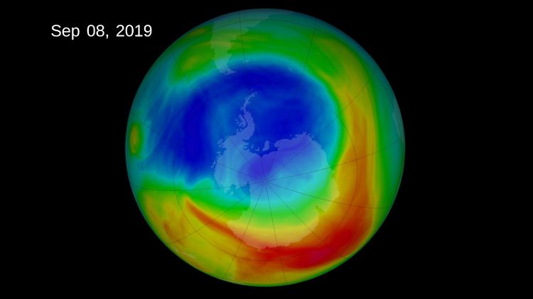 Nasa-Visualisierung der Ozonkonzentrationen in Dobson-Einheiten, dem Standardmaß für stratosphärisches Ozon: Das Ozonloch erreichte am 8. September 2019 mit 6,3 Millionen Quadratmeilen den Höchststand des Jahres - es war der niedrigste Höchststand, der seit Jahrzehnten beobachtet wurde.