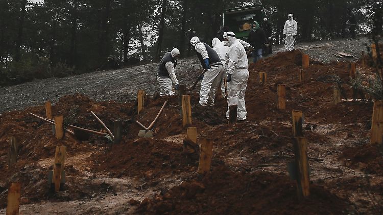 Die Aufnahme zeigt, wie Gesundheitsbeamte einen eigenen Friedhof für Covid-19-Tote in Istanbul vorbereiten.