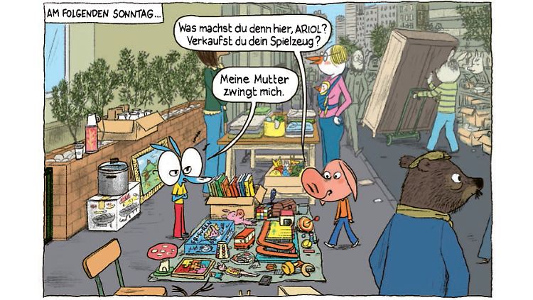So ein Flohmarkt ist doch eine tolle Chance für allerlei Geschäfte: Ariol und Ramono.