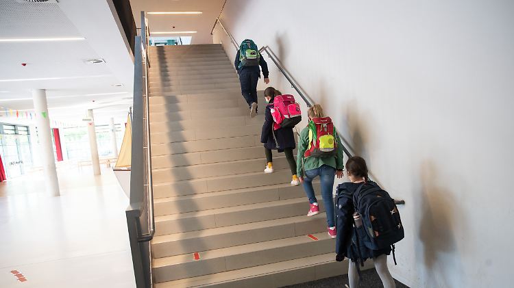 Diese Schüler halten Abstand, während sie zu ihren Klassenräumen gehen.