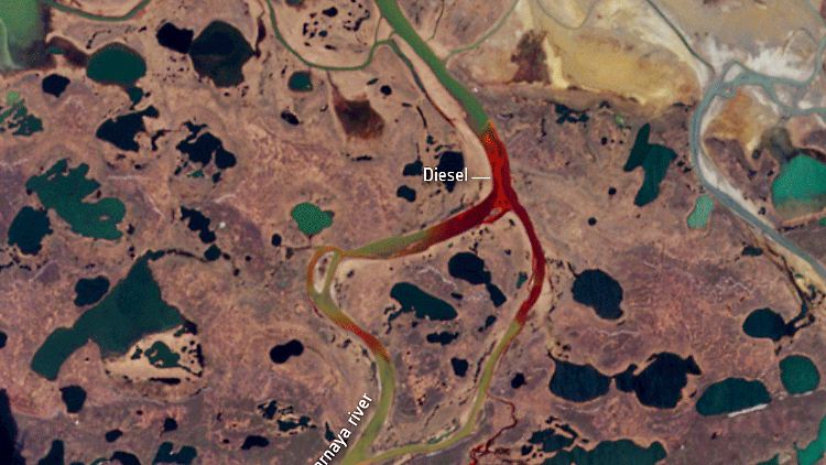 Die roten Ölflecken auf der Tundra sind selbst auf Satellitenbildern erkennbar.