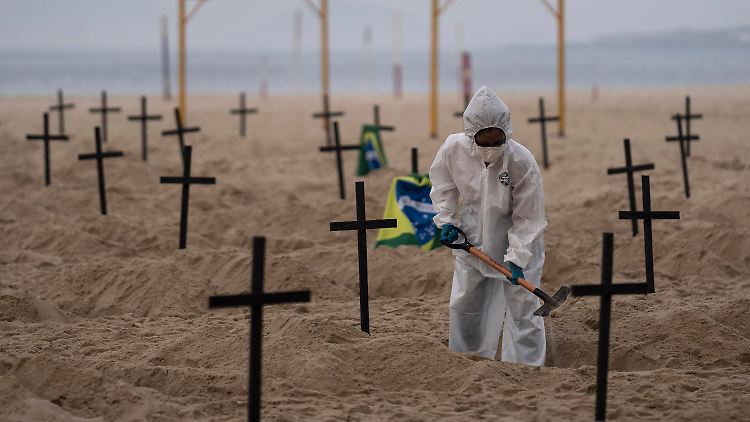 Aktivisten hoben an Rio de Janeiros Copacabana symbolisch Gräber aus und stellten Kreuze auf.