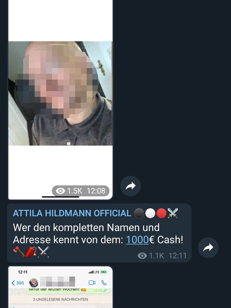 Auf diesen Gegner der Hildmannschen Revolution hat der Ex-Veggie-Koch ein Kopfgeld von 1000 Euro ausgesetzt. Verpixelt war das Bild in seinem Telegram-Kanal nicht.