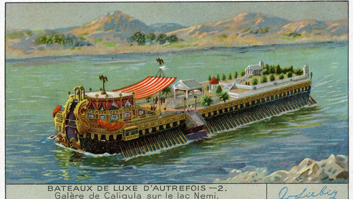 Gemälde eines Schiffes von Kaiser Caligula auf dem Nemi-See - es stammt aus dem Jahr 1935.