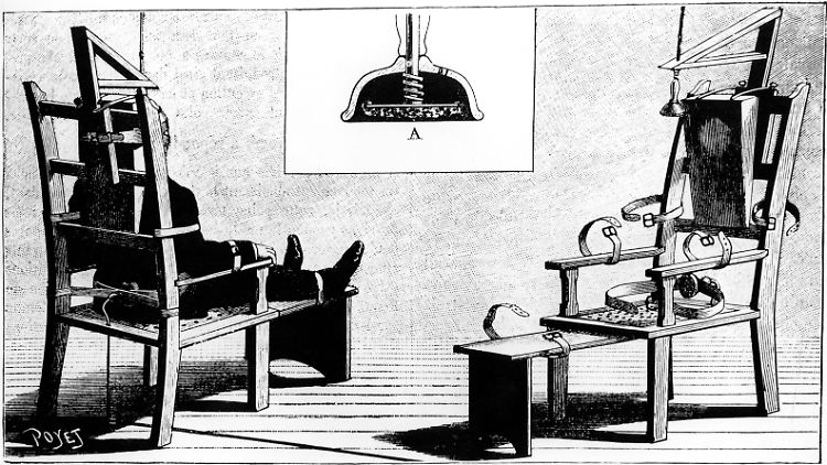 Instrument der Menschlichkeit oder  Folterinstrument? William Kemmler brauchte acht Minuten zum Sterben, als er 1890 als erster Mensch auf den Stuhl kam. (A: eine Kopfelektrode)