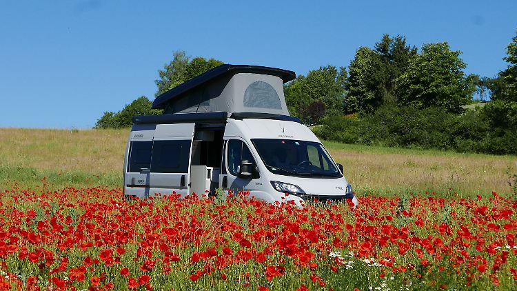 Der Hymer Free 600 ist ein ausgebauter Kastenwagen mit zwei Doppelbetten im Heck und im Dachstübchen.