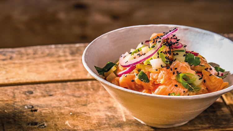 Fast Food vom Feinsten: Saiblings-Ceviche mit Honigmelone und Sternfrucht.