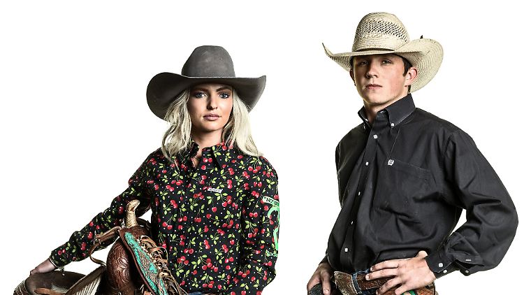 Auch in den heutigen USA gibt es noch Cowboys und Cowgirls: Hadley Tate, 19-jährige Rodeoreiterin aus Wyoming und Kollege Colt Cunningham, 22 Jahre alt.