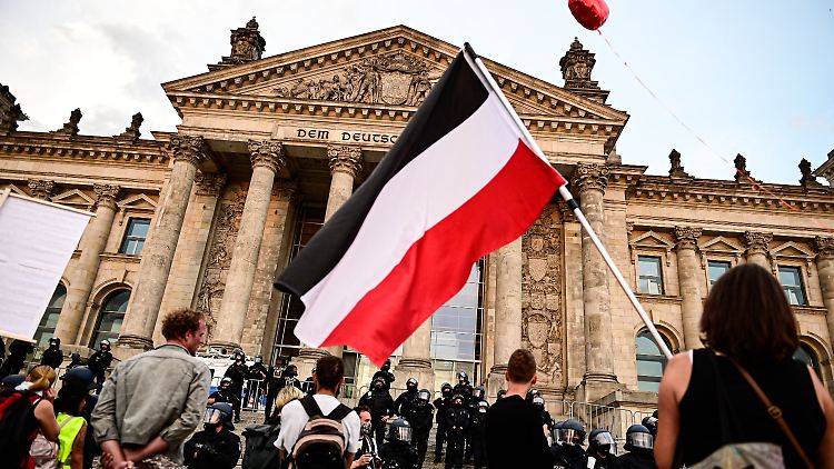 Bilder, die wirken: 75 Jahre nach dem Ende des Zweiten Weltkriegs wehen vor dem Reichstagsgebäude wieder Reichsflaggen.