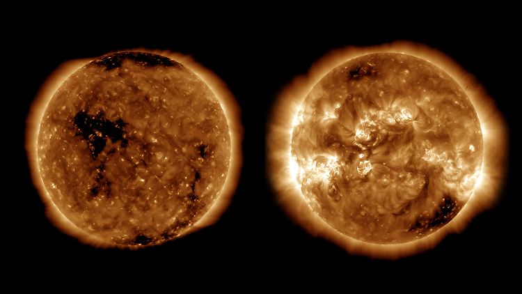 Die Atmosphäre der Sonne im Aktivitätsminimum (links, Oktober 2019) und im Aktivitätsmaximum (rechts, April 2014).