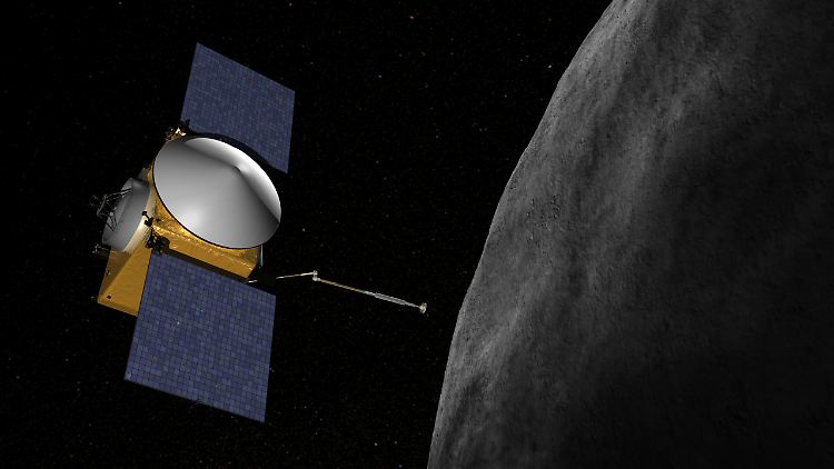 Nasa-Sonde "Osiris-Rex", die sich dem Asteroiden Bennu mit einer Art Roboter-Arm nähert, um eine Probe  zu nehmen. (Computergrafik).