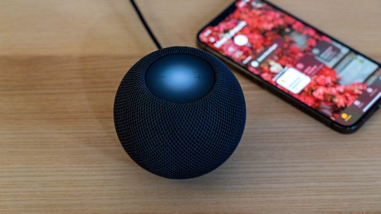 Der Homepod mini neben einem iPhone 12 Pro Max.